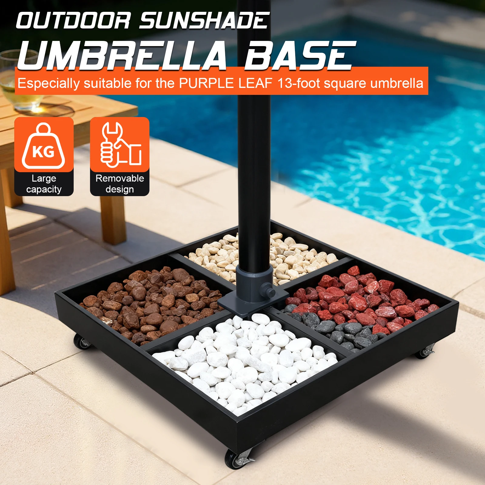 

Подставка для уличного зонта с 4 блокируемыми колесами, грузоподъемность 1100 фунтов, наполняется песком/водой, для сада, бассейна, улицы