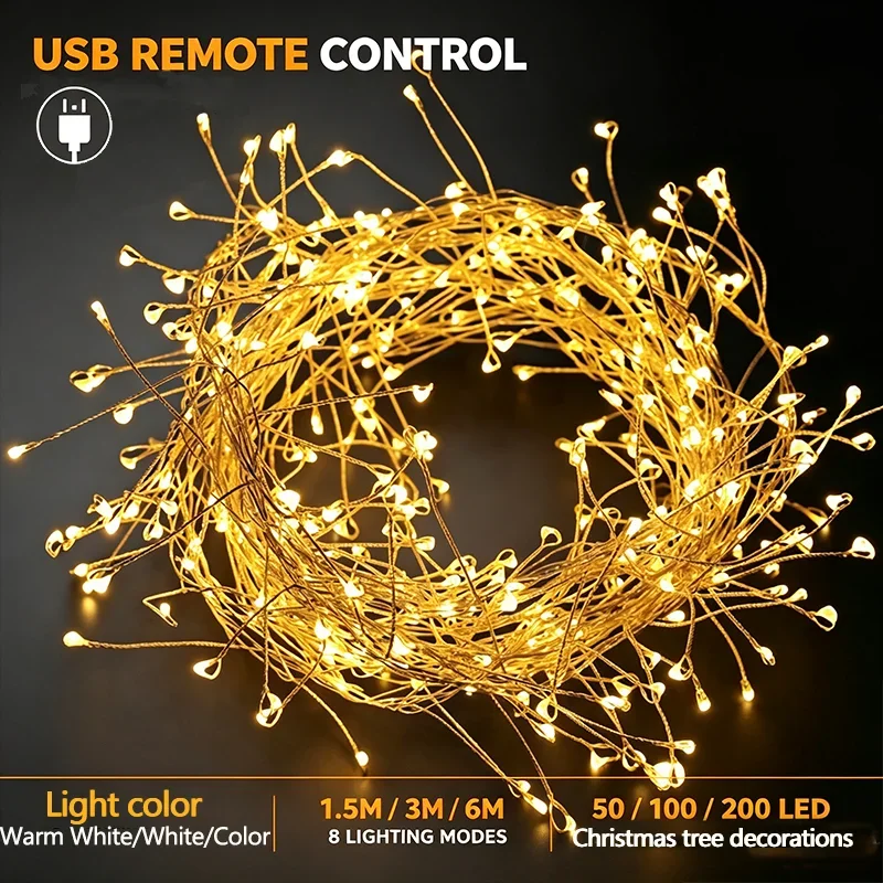 Remote Control LED Firefly Wire String Light 8 Mode USB Powered Fairy Light Xmas Tree Ornament Festival Wedding Party Decor