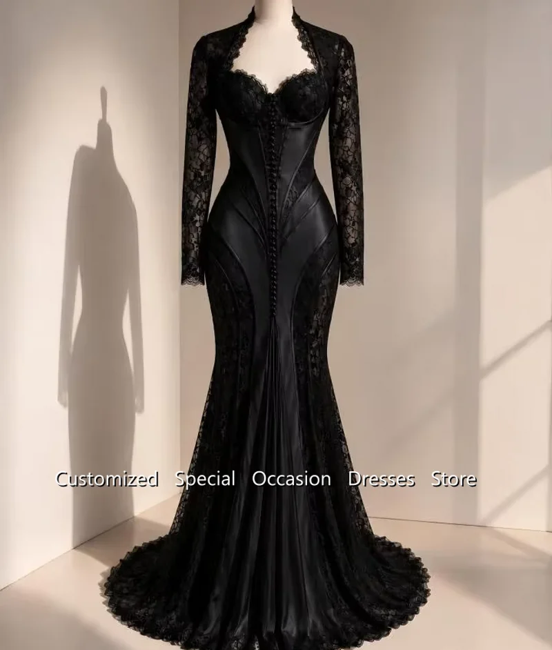 Generous Black Evening Gown Capped Long Sleeves Lace Applique Charming Formal Wedding Party Dresses Girl Prom Dress Customized
