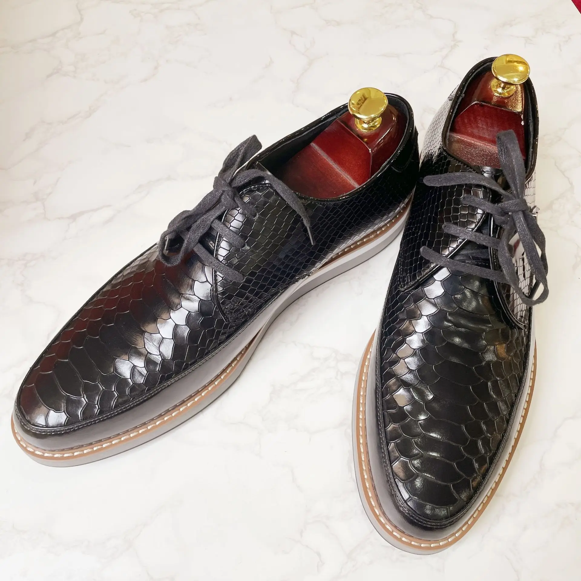 

Men's Business Casual Leather Shoes Tie Up Knife Cut Snake Pattern, Men's Toe Layer, Cowhide Leather Handmade Derby Shoes