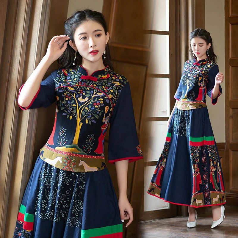 

New Chinese Style Women Top Short Skirt Two Piece Set China Ethnic Traditional Cotton Linen Vintage 2024 Tang Suit Clothing