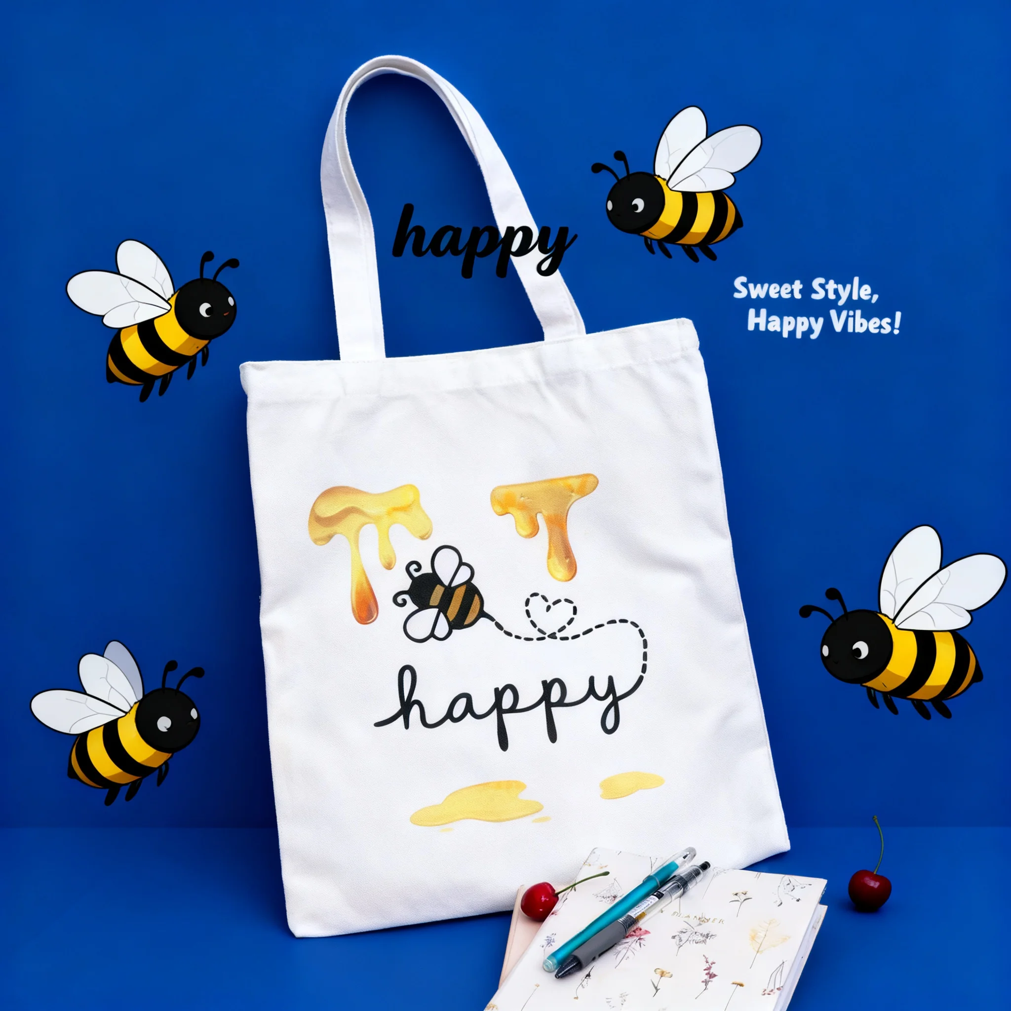 

Cute Bee Honey Insect Print Canvas Tote Bag Funny Shopping Shoulder Bag For Women Girls Gift