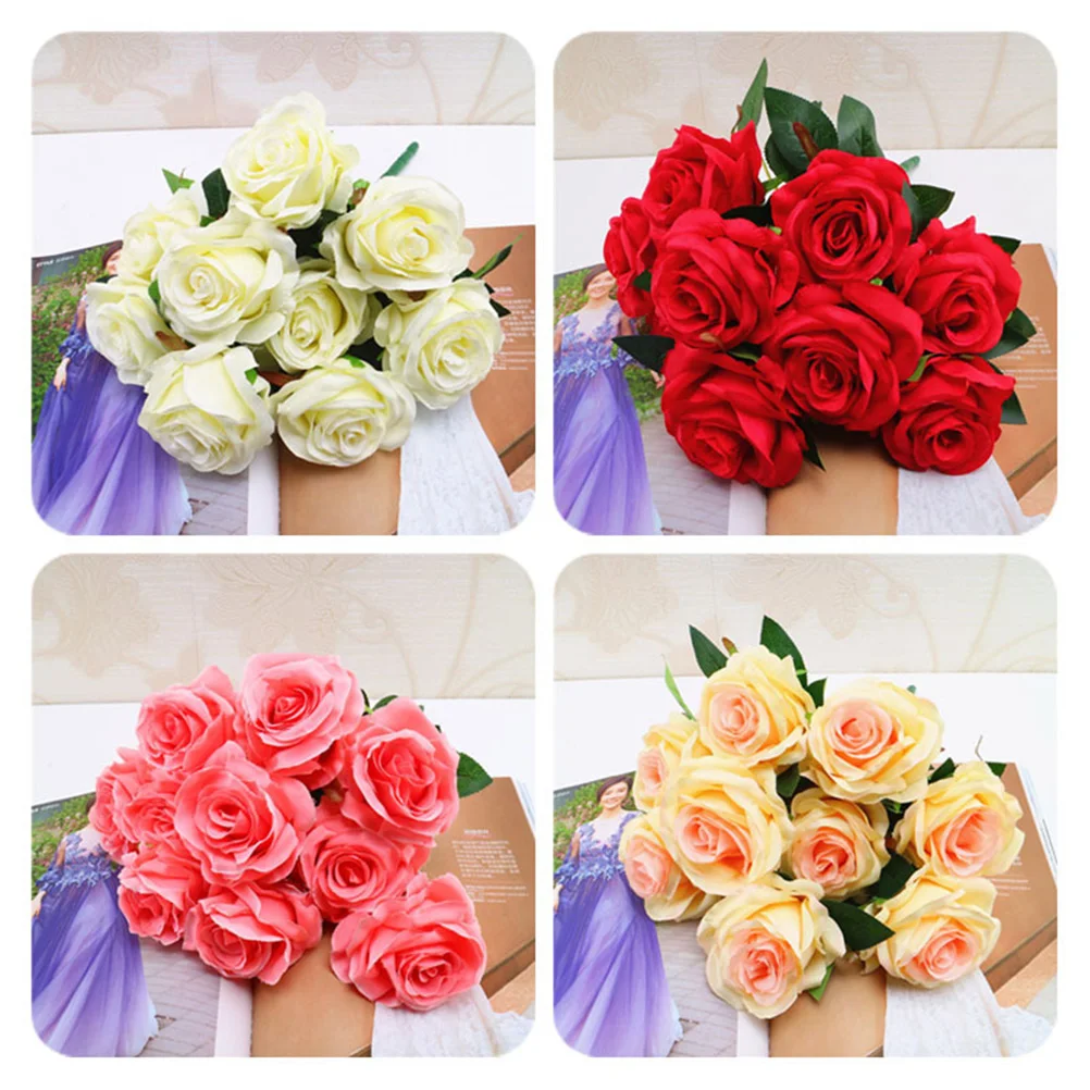 

Artificial Flowers Fake Flowers Silk Artificial Roses 9 Heads Bridal Wedding Bouquet for Party Wedding Decoration (Red)