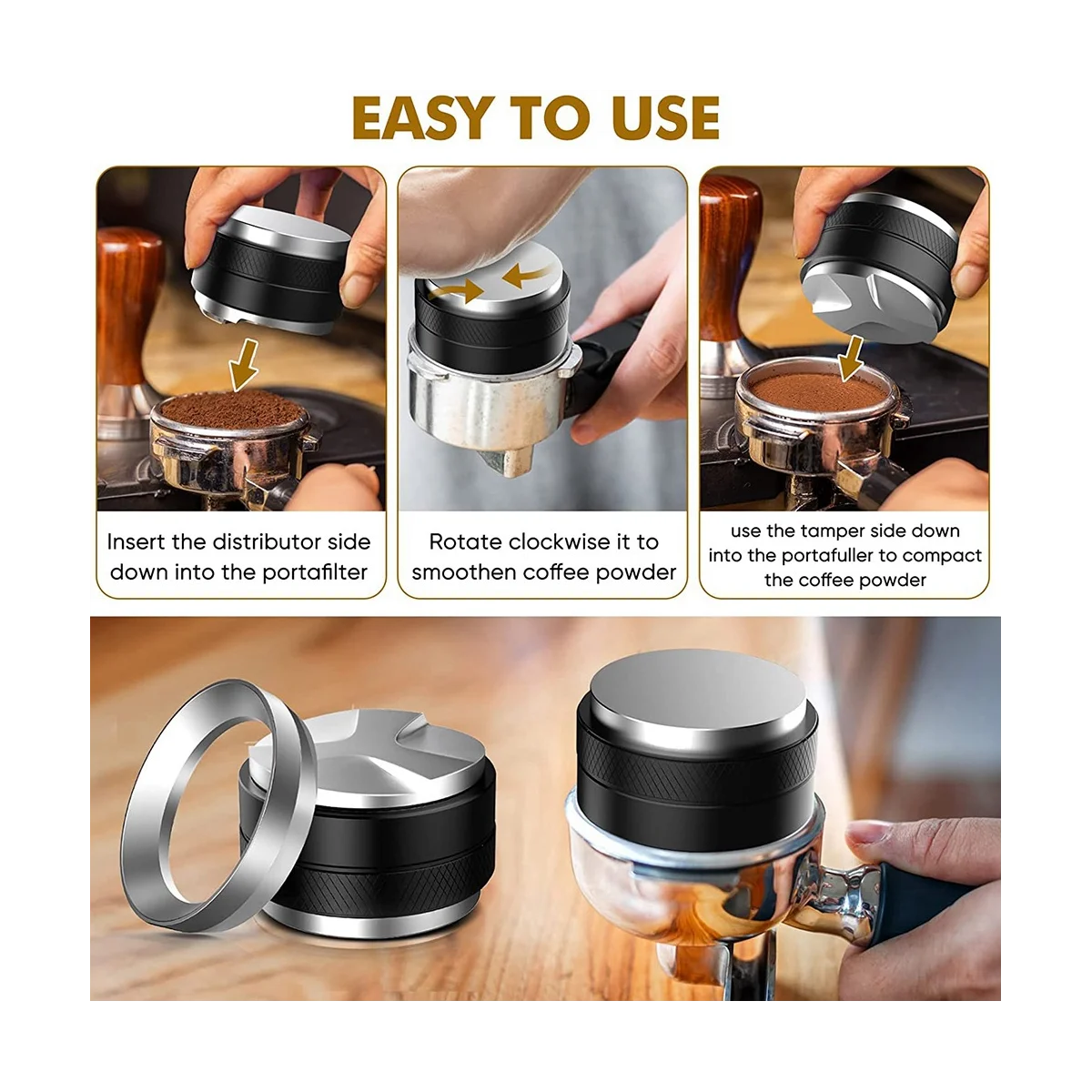 ที่กดกาแฟและเครื่องกระจายผงกาแฟขนาด 51 มม., ชุดกรวยตวงเอสเพรสโซ่สแตนเลสขนาด 51 มม., ตัวปรับระดับกาแฟแบบสองหัว-HIM