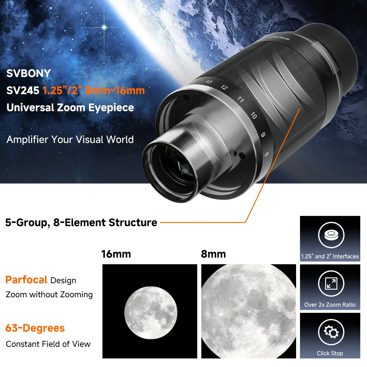 Svbony SV245 Zoom Eyepiece 8-16mm FOV 63° Parfocal & ClickStop Design Dual-lens Interface for Planetary Observation