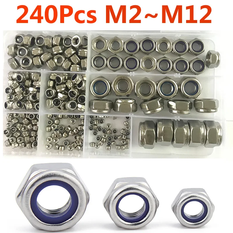 Lock Nut 240pcs Nylon Lock Nut 304 Stainless Steel M2 M2.5 M3 M4 M5 M6 M8 M10 M12 Hex Hexagon Self Locking Nut Assortment Kit