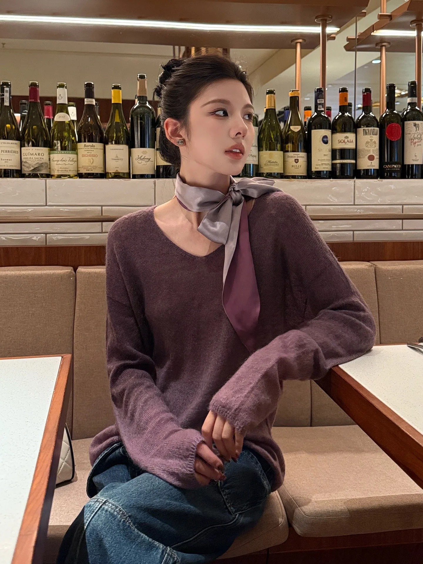 

Soft adient V-Ne Long Sve Knitted Sweater Loose Fit Autumn Purple Camere Women's mat Sle Inner Wear Turtlene