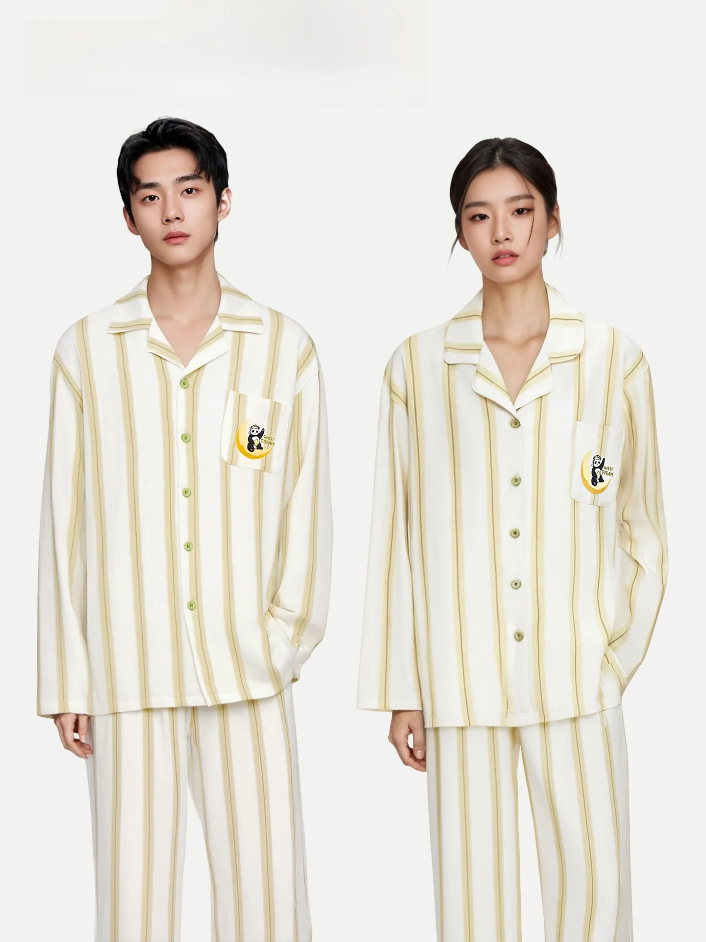 

PinkBread Good Night Panda Couples Pajamas Long Sleeve Pure Cotton Home Clothes Can Be Worn outside Autumn Season Striped Design