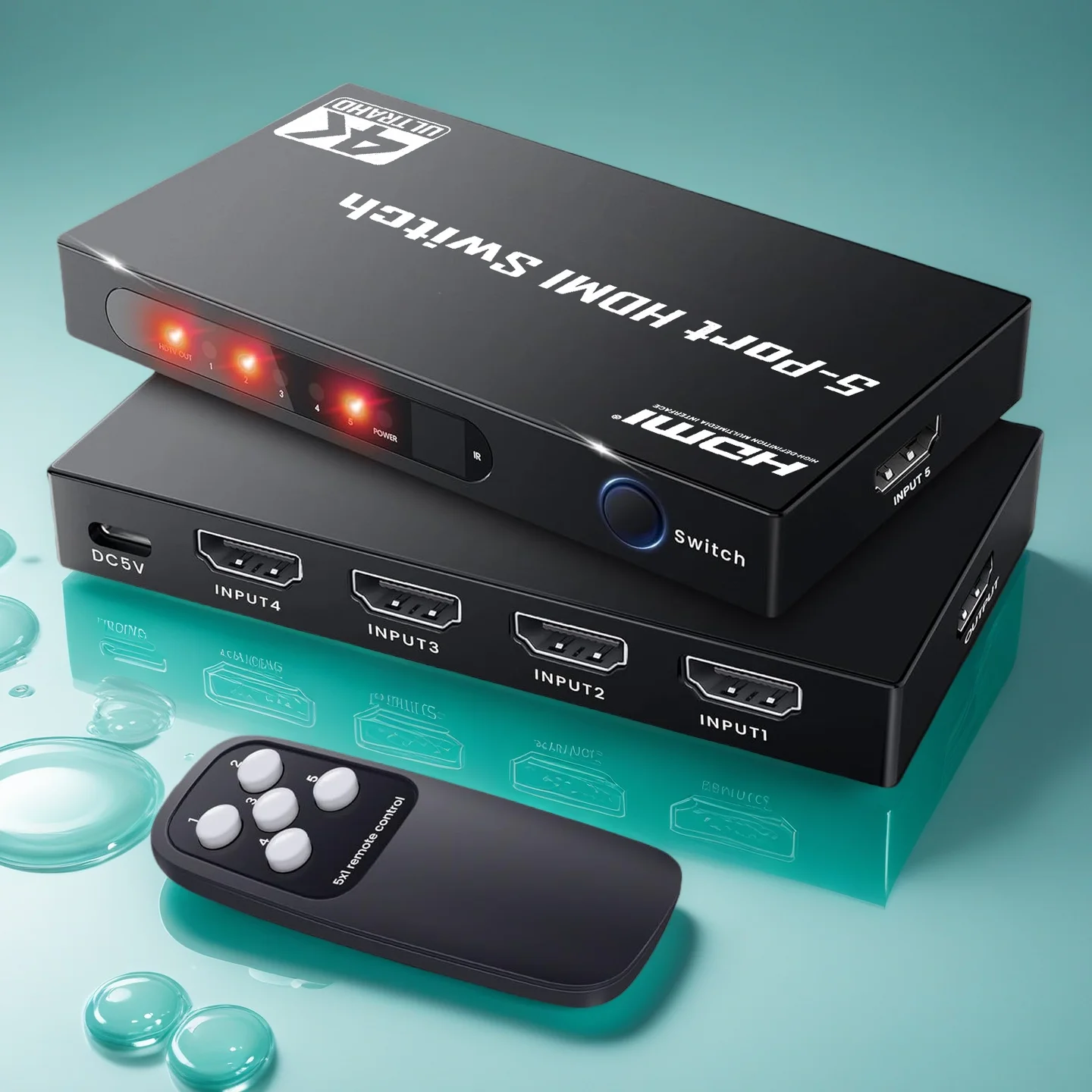 5 in 1 Out HDMI-compatible Switch 4K 30Hz with Remote 10.2Gbps High Speed HDTV Selector Splitter for PS5 Xbox Blu-ray PC TV