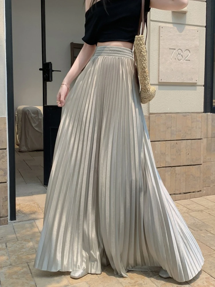 

Women Metallic Shiny Pleated Maxi Skirt, Elastic High Waist A-Line Flowing Long Satin Skirt