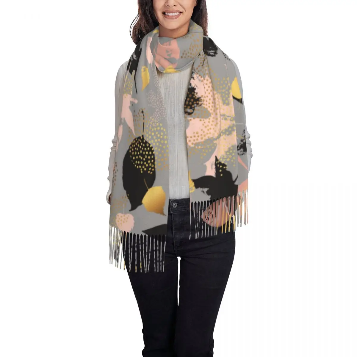 Winter Tassel Scarf Autumn Monochrome Leaves Cashmere Scarves Neck Head Warm Pashmina Lady Shawl Wrap Bandana