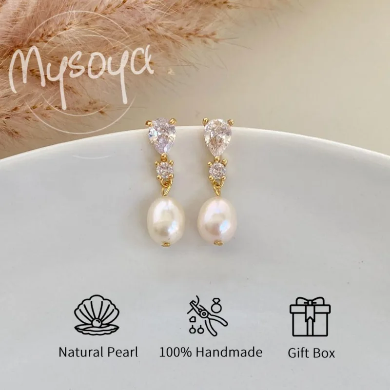 

MYSOYA White Baroque Freshwater Pearl Earrings 8-9mm With Gift Box Birthday/Wedding/Christmas/New Year Gift For Her/Him