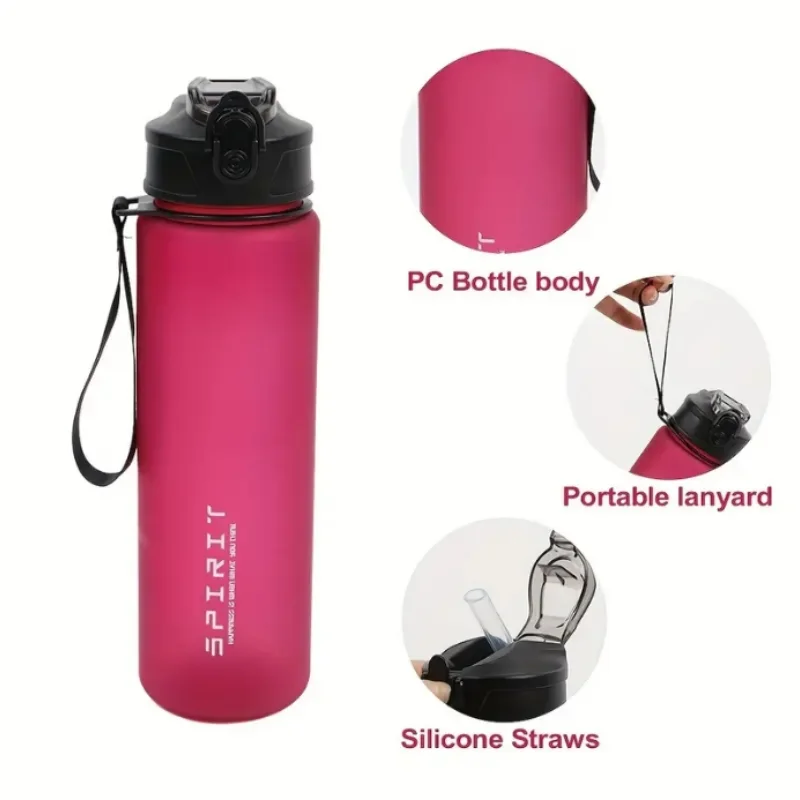 Large Capacity Grinkwell Frosted Sports Water Bottle-Leakproof,BPA-Free PC with Silicone Straw & Carrying Rope