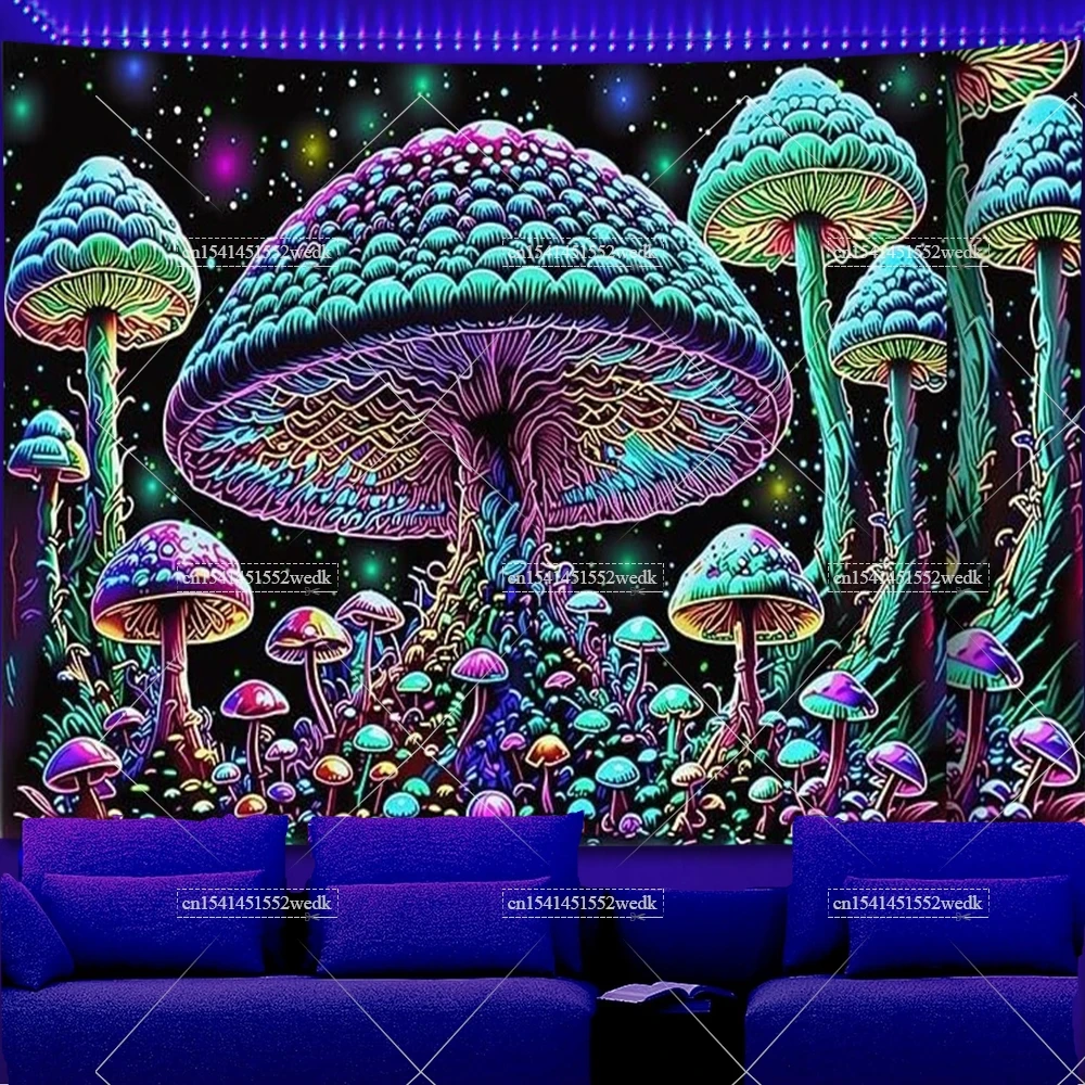 

Mushroom Blacklight Tapestry UV Reactive Glowing Plant Moon Neon Tapestrys Wall Hanging Aesthetic Room Decor Party Backdrops
