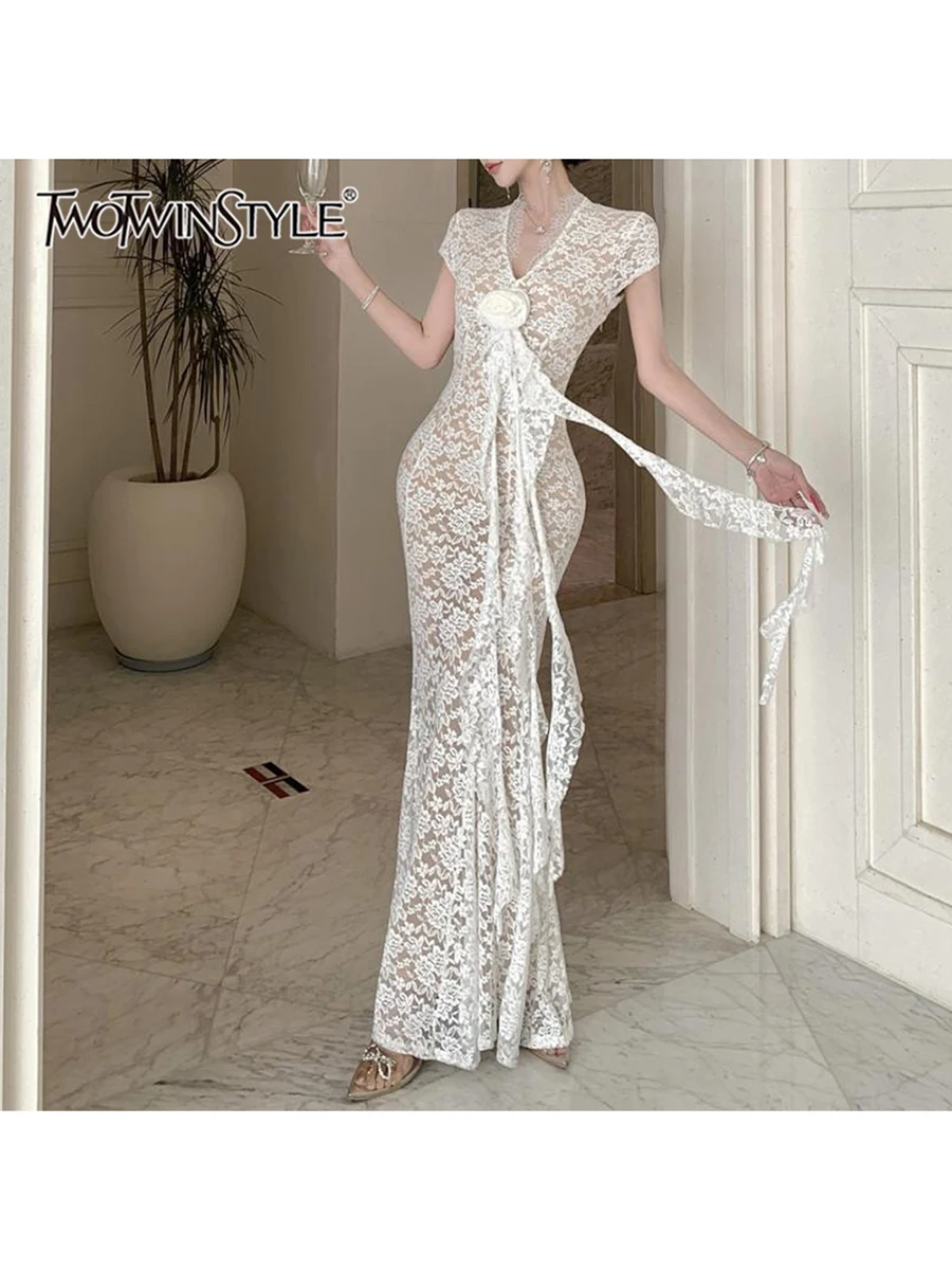 

TWOTWINSTYLE Solid Slimming Spliced Lace Sexy Dresses for Women V Neck Short Sleeves Patchwork 3D Flower Elegant Dress Female
