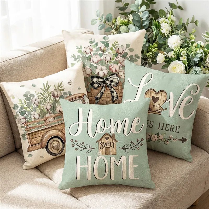 VIKAMA Sweet Home Eucalyptus Leaf Cushion Cover Living Room Sofa Cushion Cover Spring/Summer Home Decor