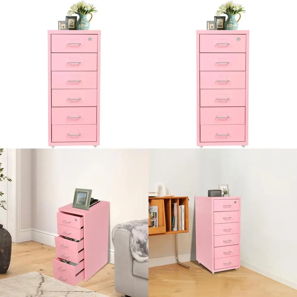 

Стальной вертикальный шкаф для документов с замком для домашнего офиса - 6 ящиков, подходит для форматов Letter, Legal, A4, F4, розовый