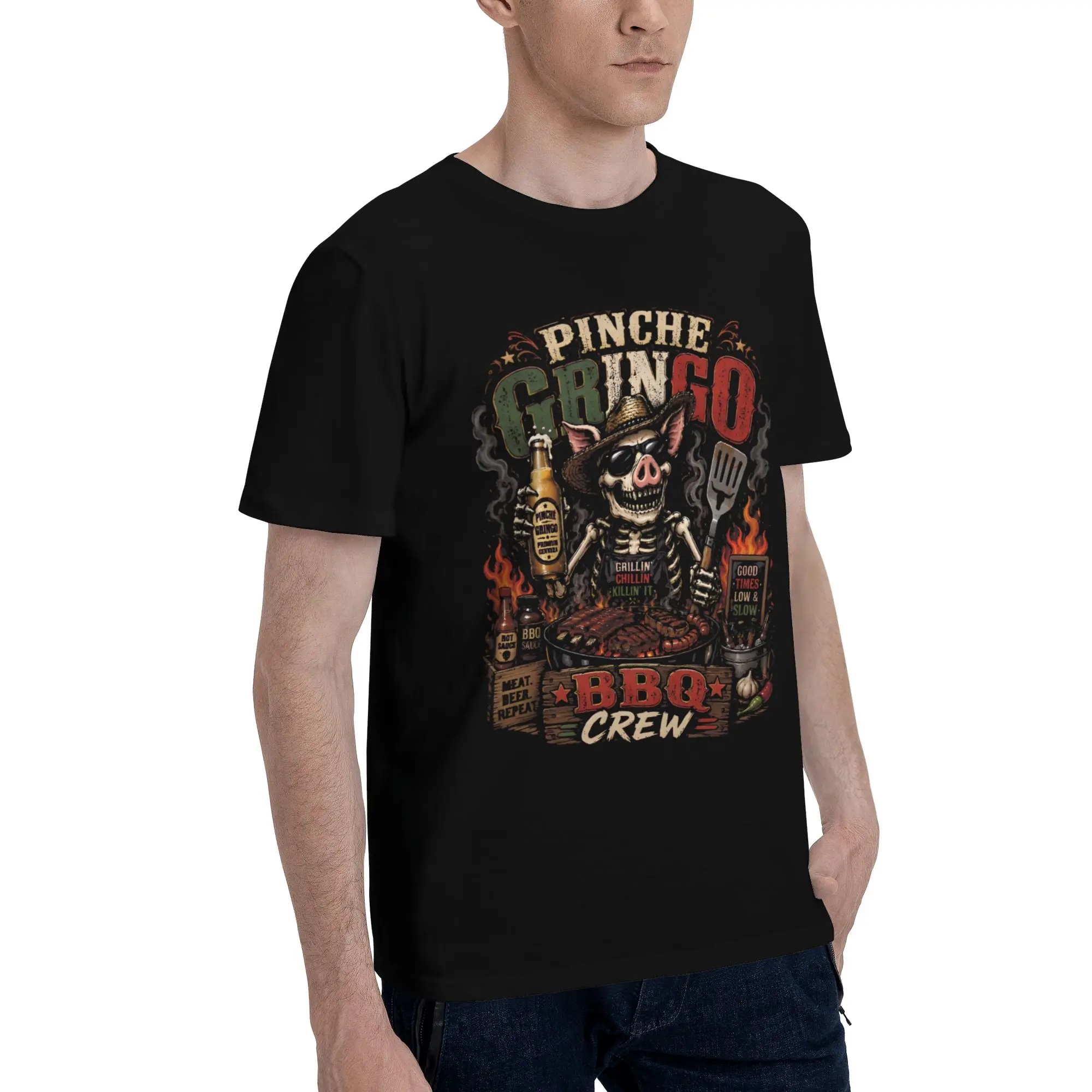 Men Women Graphic Printed Pinche Gringo BBQ Crew Skeleton Grilling Beer T Shirt Tee Pure Cotton  T-shirts Clothing