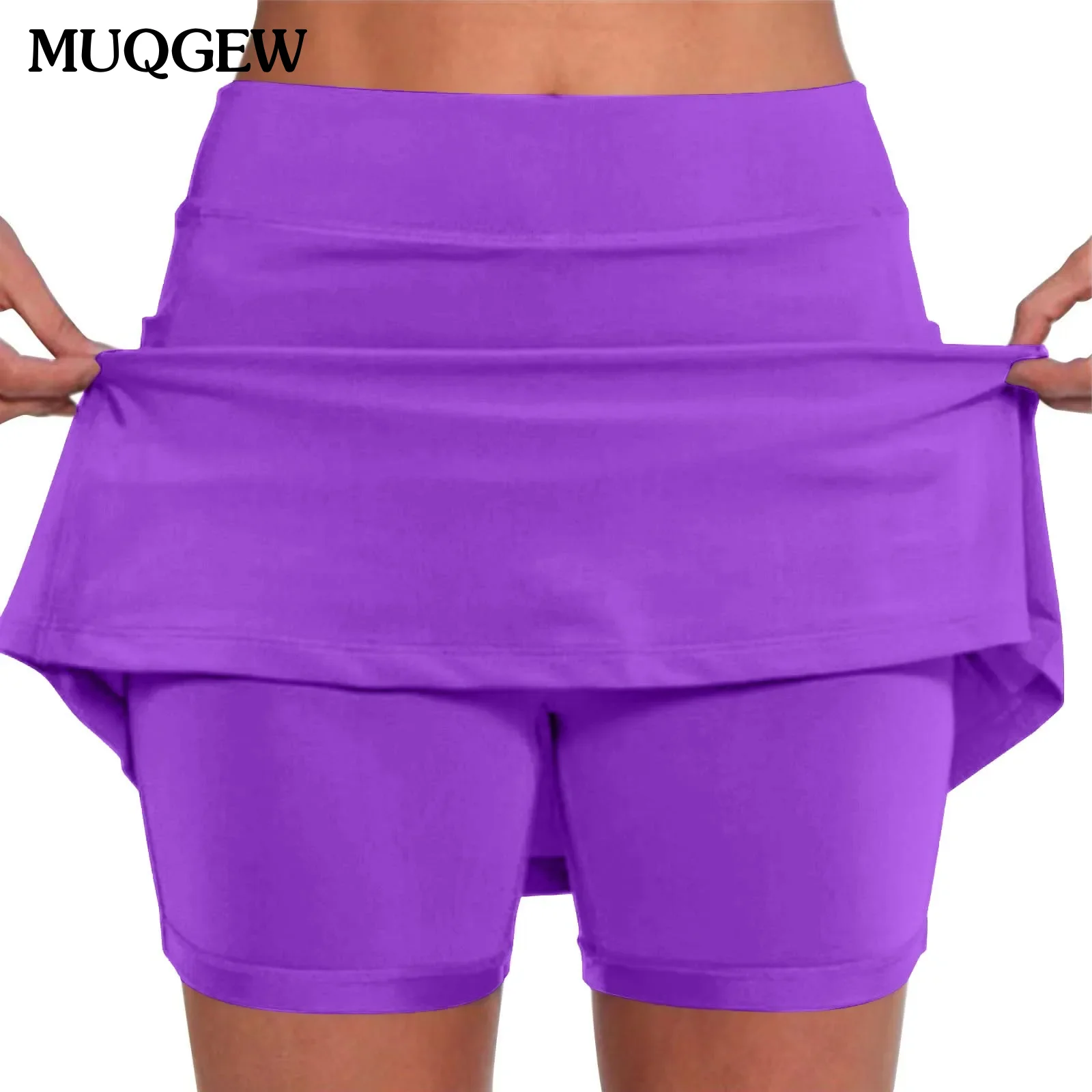 

Women Solid Color High Waist Double Layer Fake Two Piece Yoga Sports Skirt Sweat Absorbing Double Layer Fitness Shorts Culottes