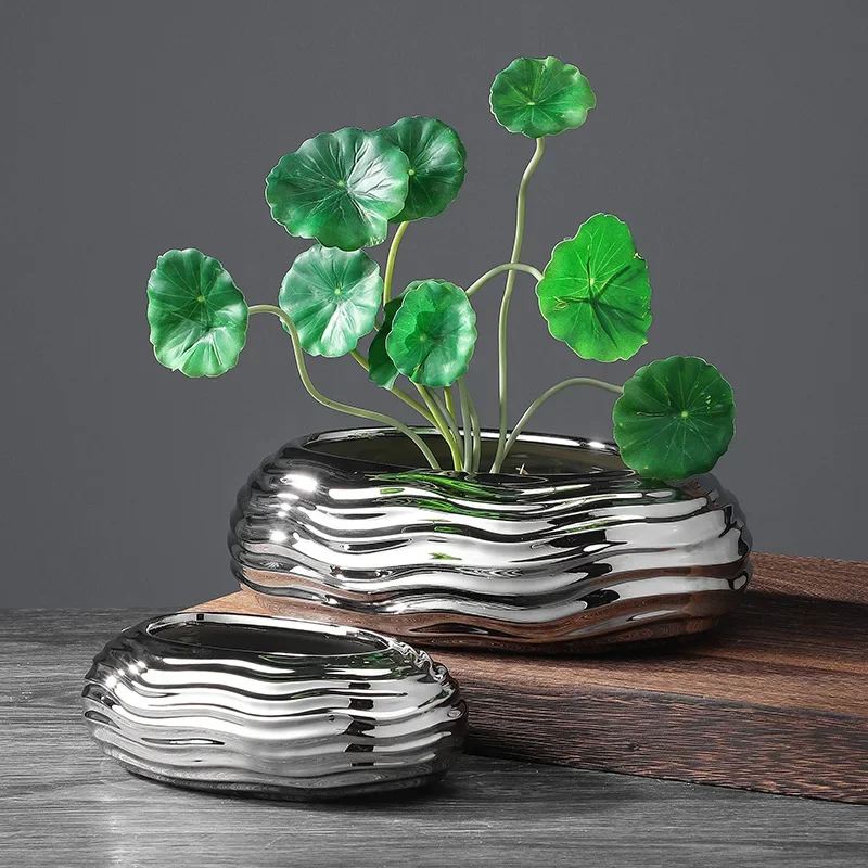 Silver Flowerpot Curved and Pleated Abstract Geometric Ceramic Flower Vase Flower Arrangement Accessories Planting Pot