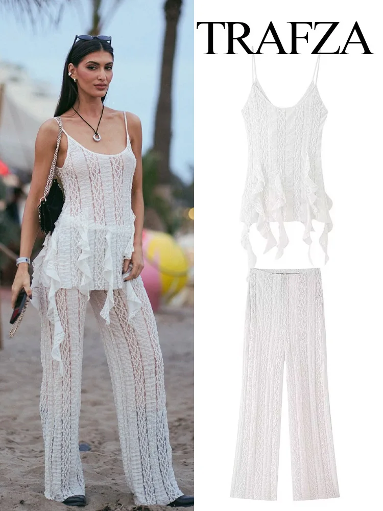 

TRAFZA Women Fashion Solid Sleeveless Pants Suit Hem Pointed Embellishment Lace Texture Top+Summer Chic High Waist Long Pant