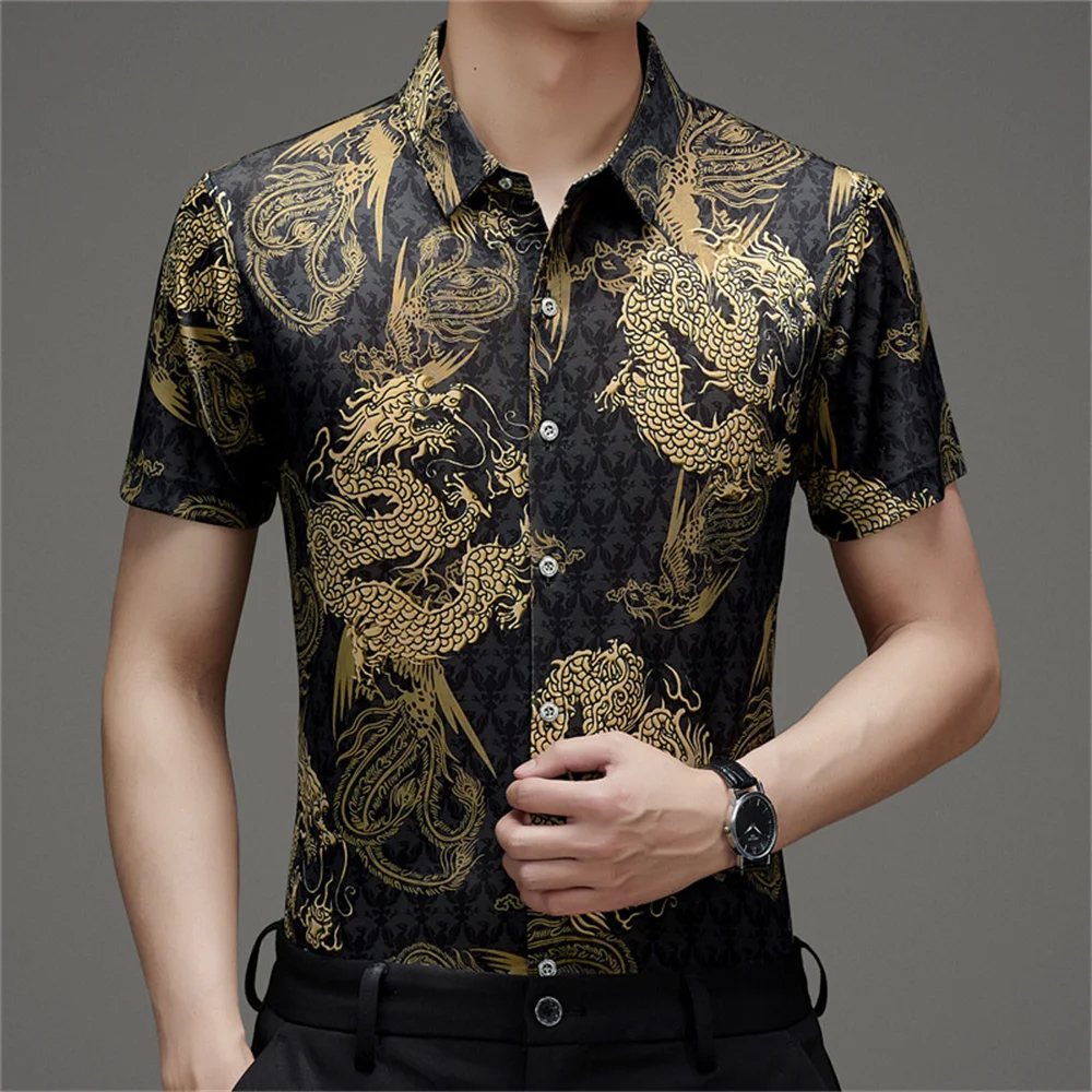 

New Chinese men's short sleeve ice silk dragon shirt middle-aged thin printed men's style shirt ice dad suit