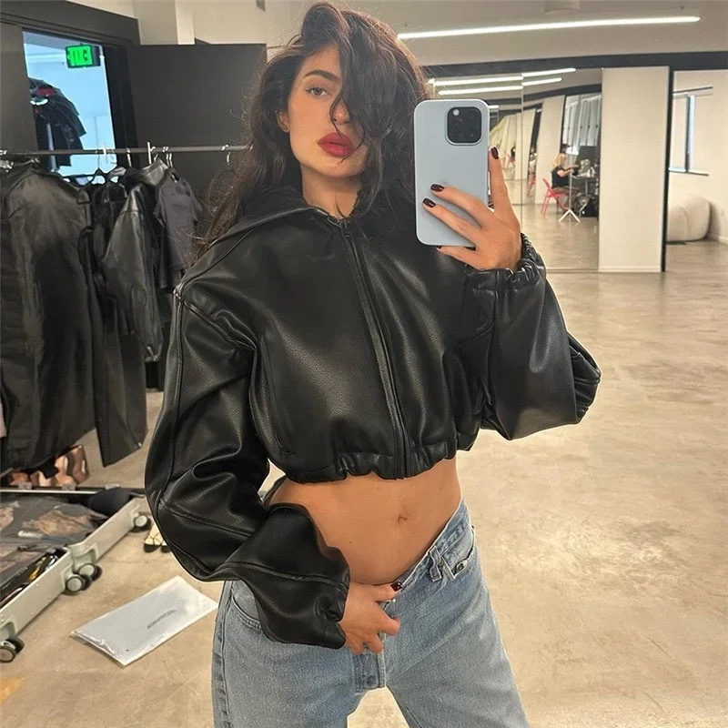 Bomber Jacket Women Coat Long Sleeve Zipper Short Cropped Leather Hooded Black Jackets Harajuku Spring Winter Clothes Streetwear