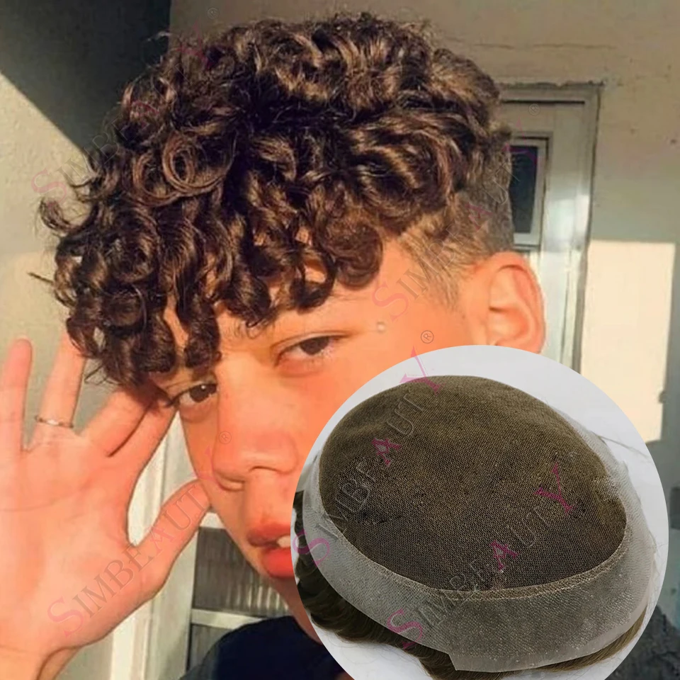 

24 мм вьющиеся мужские парики, коричневые, серые, человеческие волосы, дышащая система, прочный, австралийский, швейцарский, кружево и искусственная линия натуральных волос, мужской парик