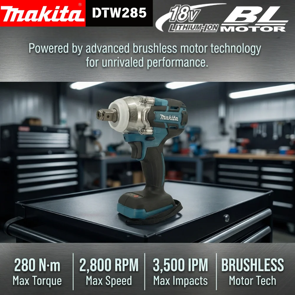 Makita DTW285 18V Brushless Impact Wrench Cordless 280N·m 1/2 Inch Drive for Car Repair and Brake Caliper Work Tool Only