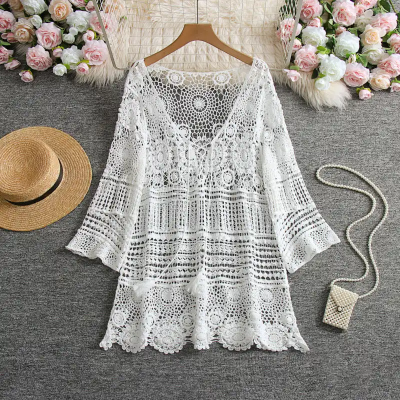 Crochet Tunic Top Boho Women Sheer Embroidery Open Knit Bell Sleeve Tie Front Open Knit Top Pullover Summer Vacation Beach Wear