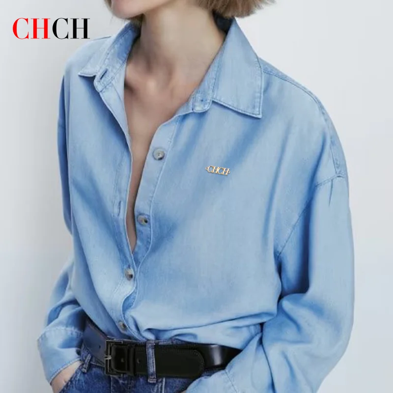 

CHCH 2024 New Women's Casual Shirts Washed Blue Blouses Denim Blue Shirt Loose Retro Spring Autumn Design Turn-down Collar Top