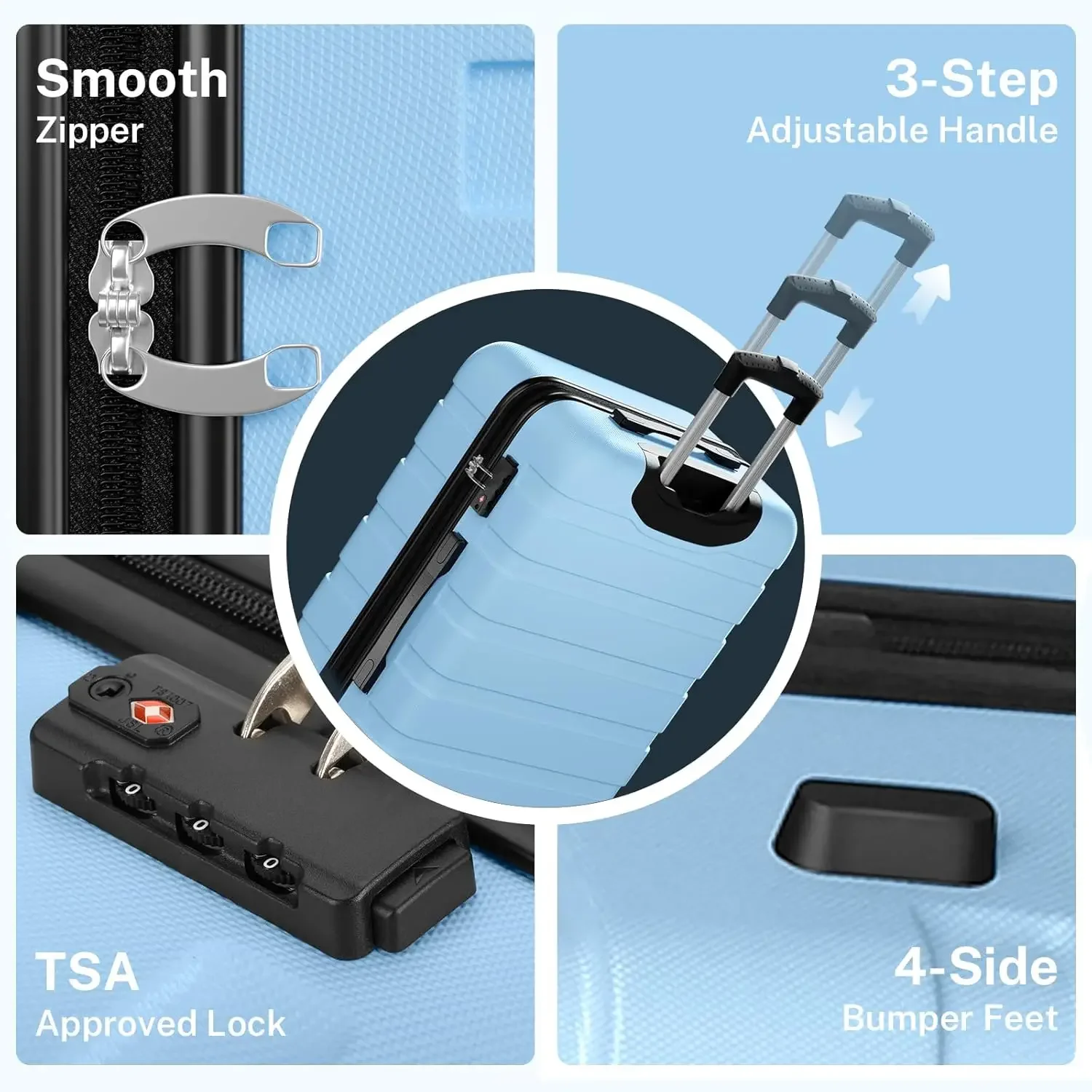 Conjunto de mala de viagem leve com 4 rodas giratórias duplas, trava TSA, conjunto de bagagem rígida de 20 ABS para 4 peças