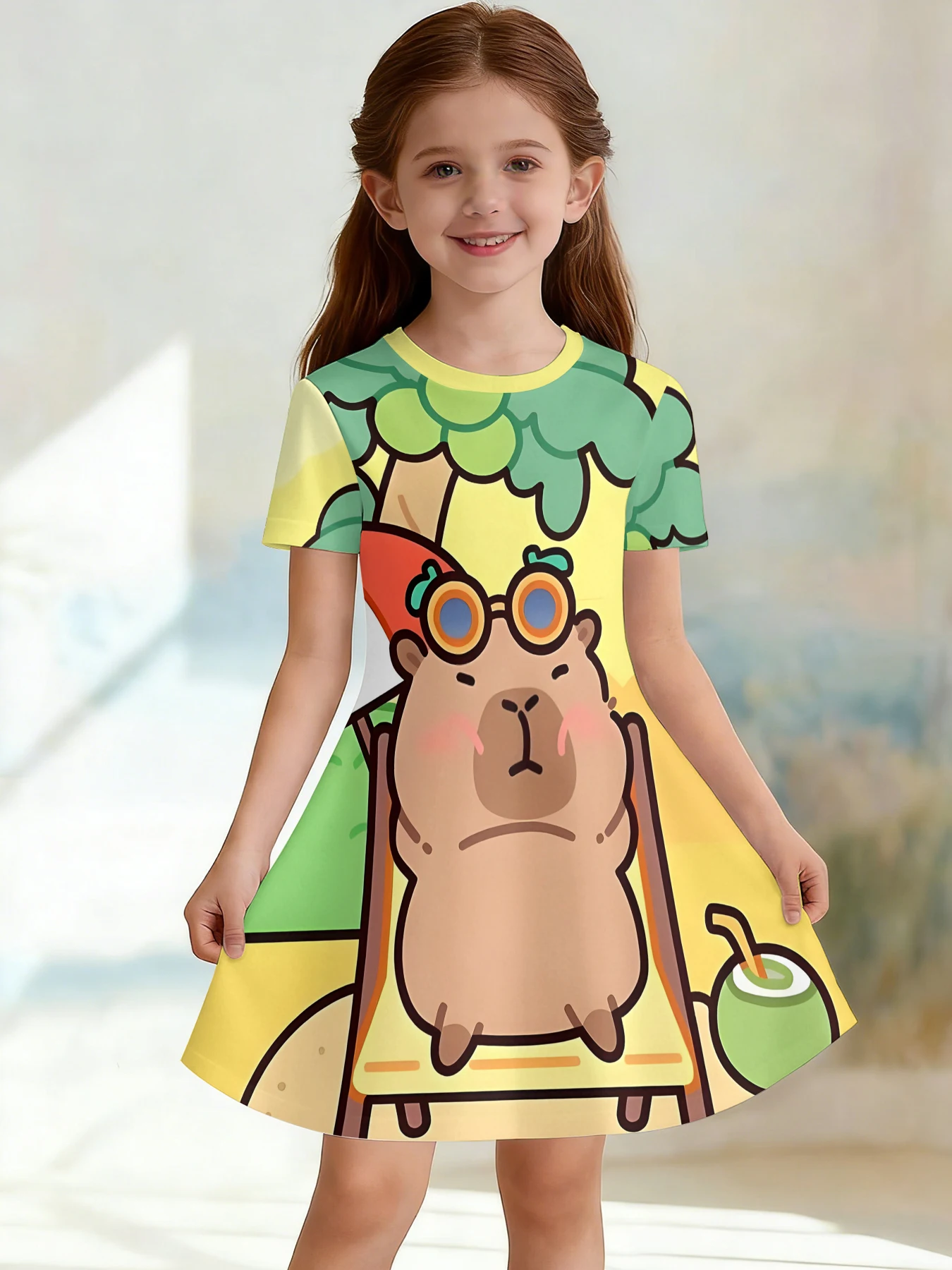 Girls 3D Crew Neck A-line Dress, yellow-brown color-block all-over cute capybara print, perfect for parties and birthday gi