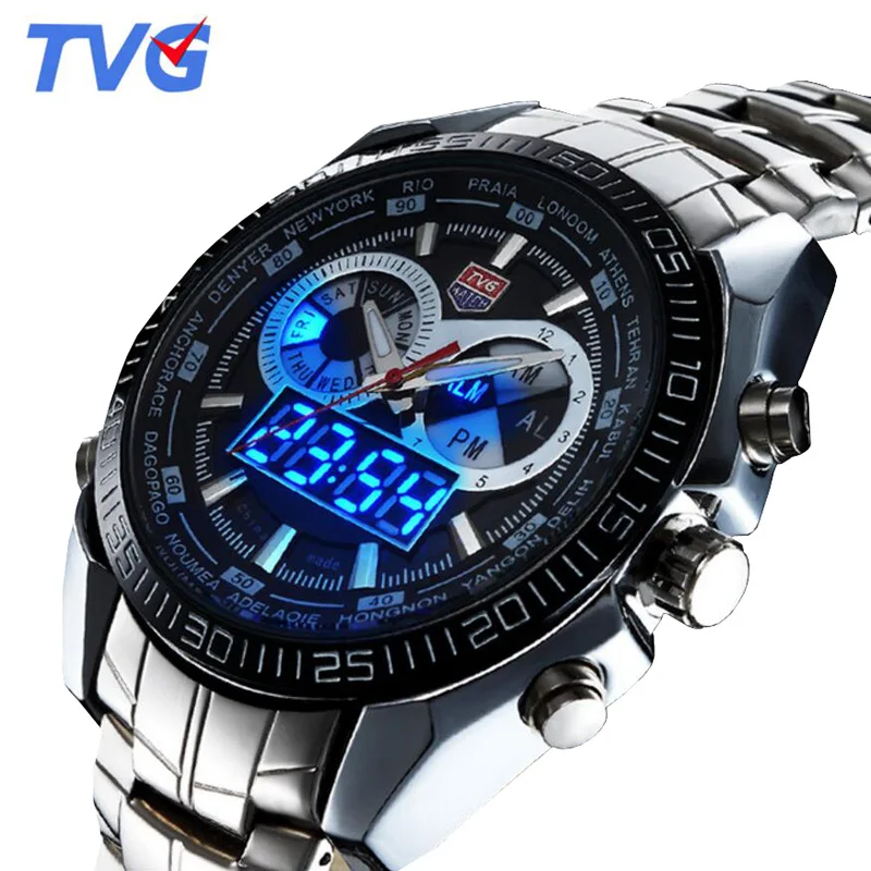 TVG Watch Man Multifunctional Sports Watches Men Full Steel Led Digital Analog Quartz Wristwatches Men Reloj Hombre Montre Homme