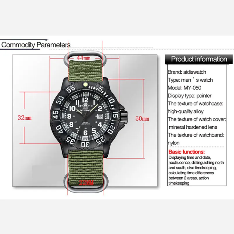 Adpeso jam tangan Analog pria, arloji tabung nilon bercahaya tahan air 50m, jam tangan olahraga militer Quartz untuk pria