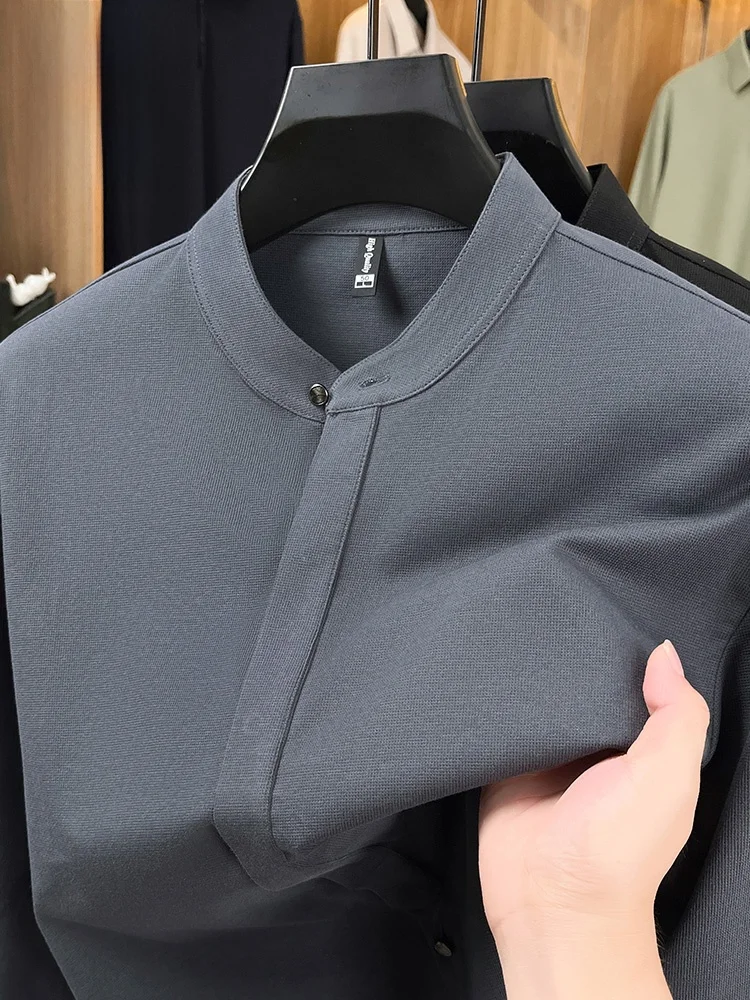 

Мужская хлопковая рубашка с длинным рукавом, свободного кроя, в китайском стиле, с маленьким воротником-стойкой, однотонная, повседневная, деловая