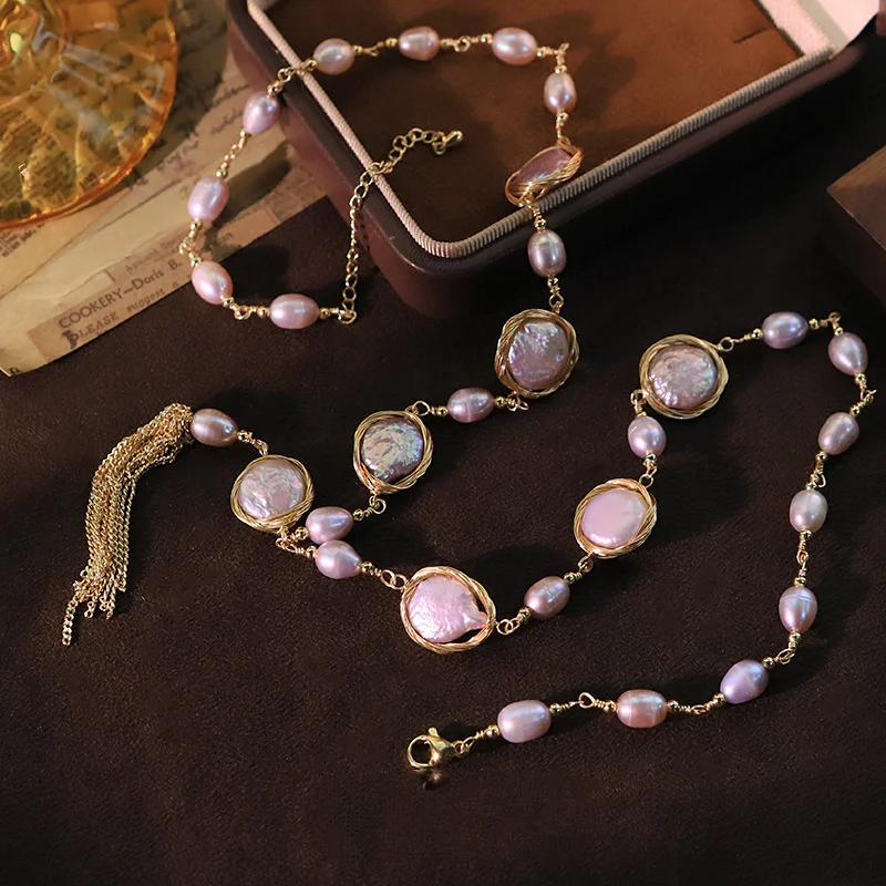 

Фиолетовое ожерелье из натурального пресноводного жемчуга для женщин, роскошная цепочка на шею, модный универсальный воротник с кисточкой, кулон, ожерелья, подарок