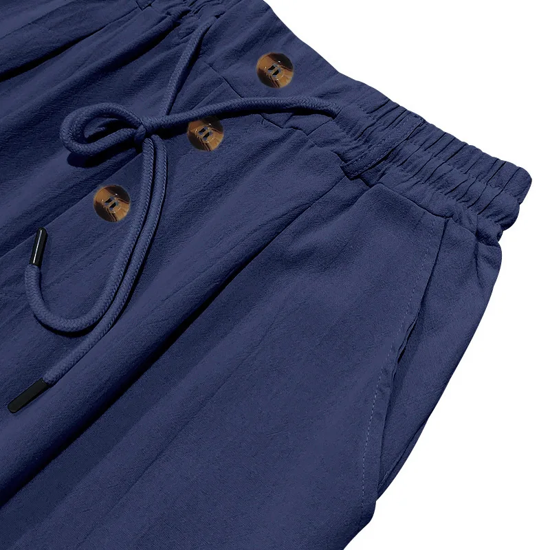 Herren Boho Leinenmischung Weite Hose mit Hoher Taille, Kordelzug, Knopfleiste, Lockerer Passform und Seitentaschen – Detail 15