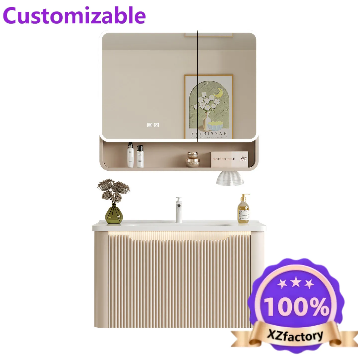 Factory Direct 2026 Thickened honeycomb aluminum bathroom cabinet combination ceramic integrated basin small apartment cream win