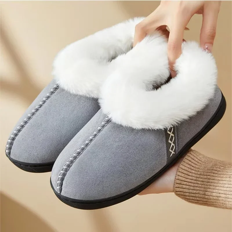 

2025 Winter Warm Fur Indoor Home Slippers Women Faux Suede Closed Toe Couple Slippers Woman Comfort Soft Sole House Shoes Slides