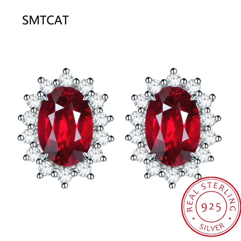 Princess Diana Created Ruby Natural Red Garnet 925 Sterling Silver Stud Earring for Women Fashion Statement Gemstone Jewelry