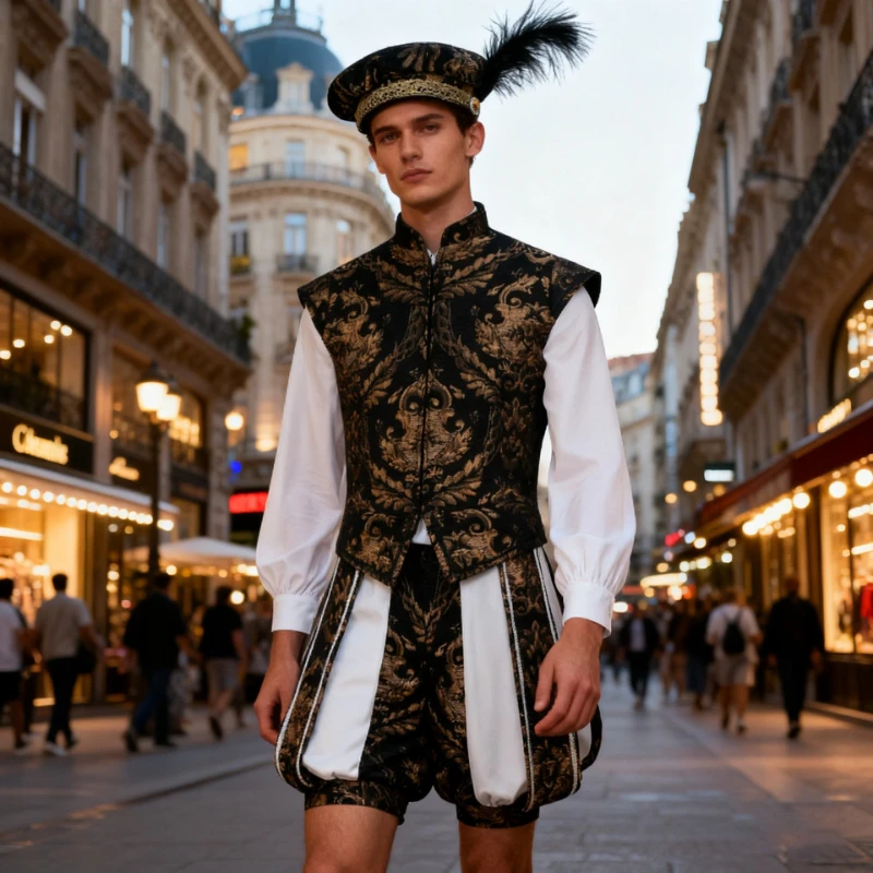 2026 Rode hoogwaardige middeleeuwse multi-gerande gevederde hoed, pannenkoek-top cap, zwarte jacquard hof platte hoed cosplay kostuum hoofddeksels