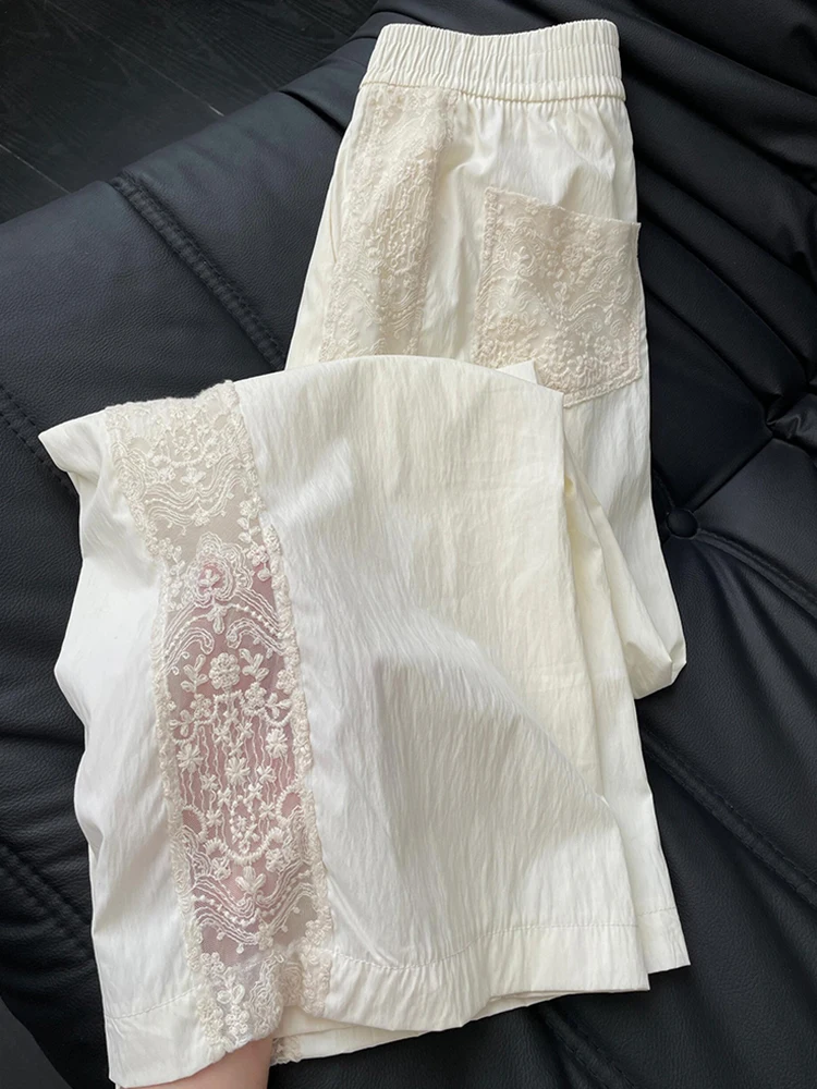 Zoki Lace Patchwork Sweet Pants Women Casual Korean High Waist Fashion Straight Trousers Loose Chic Female Summer Design Pants