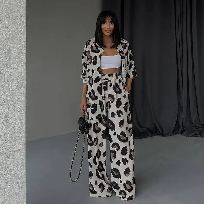 

Women Summer 2 Piece Fashion Leopard Print Turn-down Collar Long Sleeve Shirt Elastic Waist Wide Leg Pants Street Party Wear