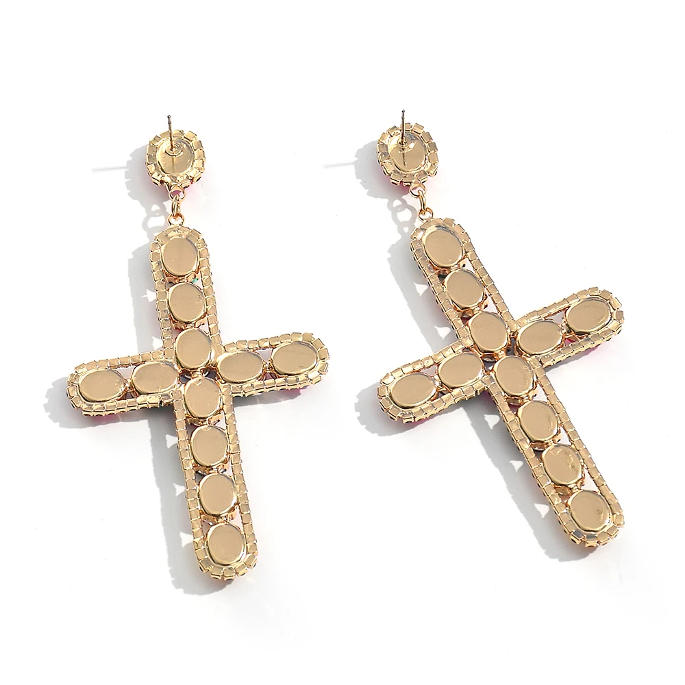 New Design Vintage Long Metal Colorful Crystal Cross Drop Earrings High-Quality Glass Pendant Jewelry Accessories For Women