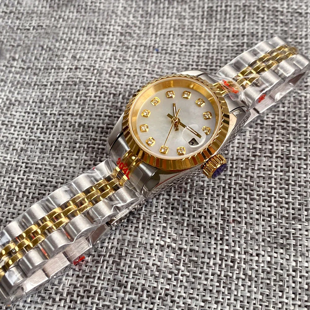 BLIGER Diamond Index 26mm NH05 Automatic Womens Watch Sapphire Glass Silver Gold Shell Dial Steel Bracelet Ladies Watch