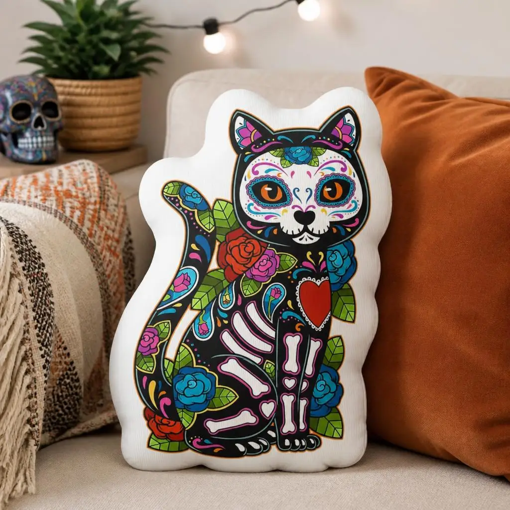 Cat Sugar Skull Mexico Calavera Dia De Los Muertos Halloween Plush Pillow Cushion Irregular Stuffed Throw Pillow Home Decor Gift
