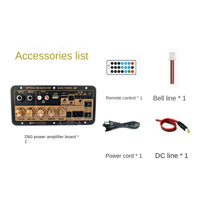 Carte Amplificateur D50 avec Audio Optique, Bluetooth, Médailles, USB, Radio FM, Lecteur TF, DIY, Caisson de Basses, Noir, pour la Maison, la Voiture, Prise UE, 1 Ensemble