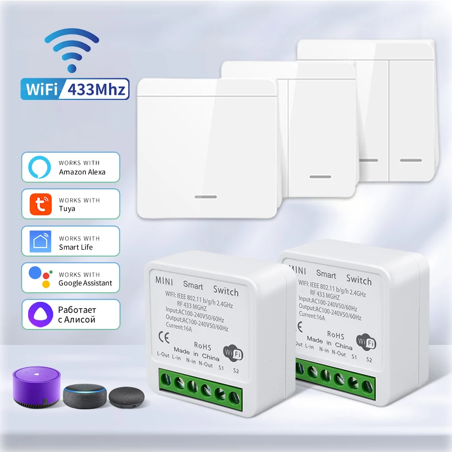 

Умный переключатель Wi-Fi RF 433 МГц Tuya Smart Life, удаленное голосовое управление с Alexa Google Alice, беспроводной настенный переключатель, мини-модуль