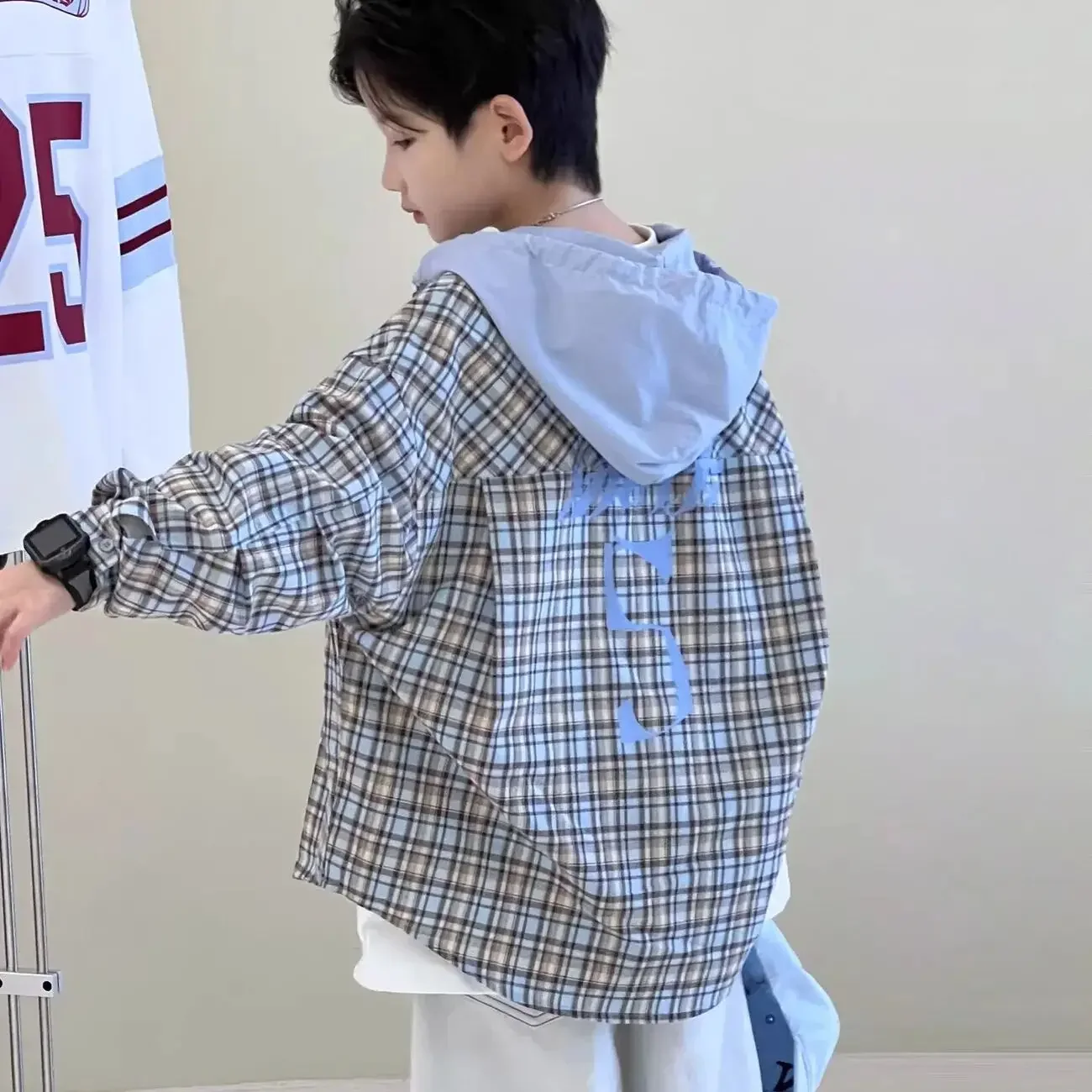 

Boys Long Sleeve Hooded Plaid Shirt Spring Autumn 2026 New Style Mid-Toddler Casual Outerwear Checkered Shirt for Kids